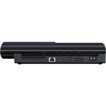 Siyah PlayStation 3 Super Slim konsolun arka bağlantı görünümü