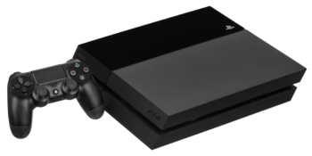 Siyah PlayStation 4 FAT konsol ve DualShock 4 kontrol cihazının yatay açıdan görünümü