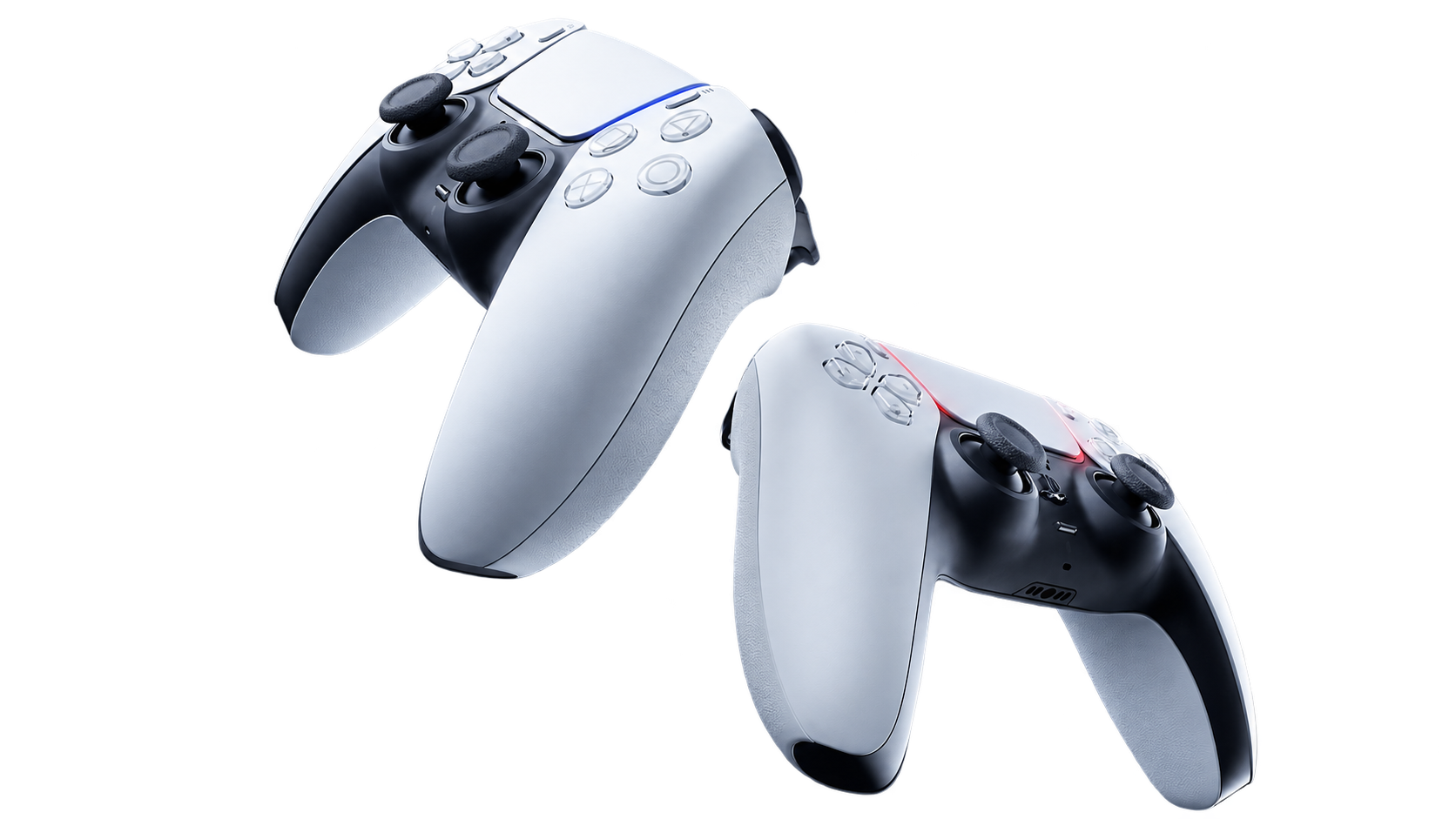 dualsense-detail-clear Beyaz PlayStation 5 DualSense kontrol cihazının üst ve yan detay görünümü