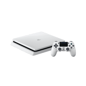 Beyaz PlayStation 4 Slim yatay görünümü ve kontrol cihazı
