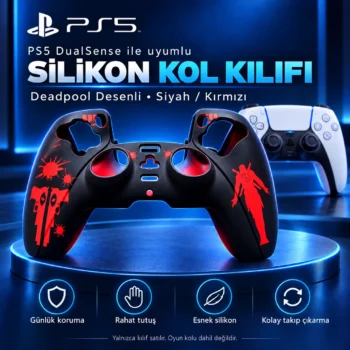 PS5 DualSense Silikon Kol Kılıfı – Deadpool Desenli – PS5 uyumluluk ve özellik görseli. Oyun kolu dahil değildir.