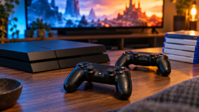 PS4 kırık oyun listesi planlaması için iki kontrol cihazı ve oyun rafı