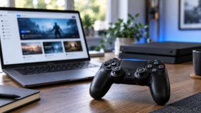 PS4 kırık oyun yükleme sitesi araştırması için dizüstü bilgisayar ve oyun konsolu