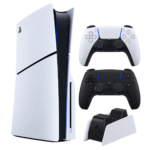 PS5 Slim 1 TB CD Edition konsol, beyaz ve siyah DualSense kollar ve şarj istasyonu Bundle