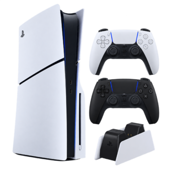PS5 Slim 1 TB CD Edition konsol, beyaz ve siyah DualSense kollar ve şarj istasyonu Bundle
