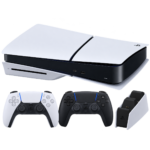PS5 Slim CD Edition Bundle yatay konsol, iki kol ve şarj istasyonu detay görünümü