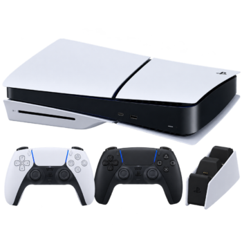 PS5 Slim CD Edition Bundle yatay konsol, iki kol ve şarj istasyonu detay görünümü