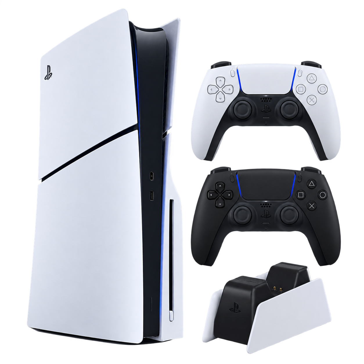 ps5-slim-konsol-bundle PS5 Slim 1 TB CD Edition konsol, beyaz ve siyah DualSense kollar ve şarj istasyonu Bundle